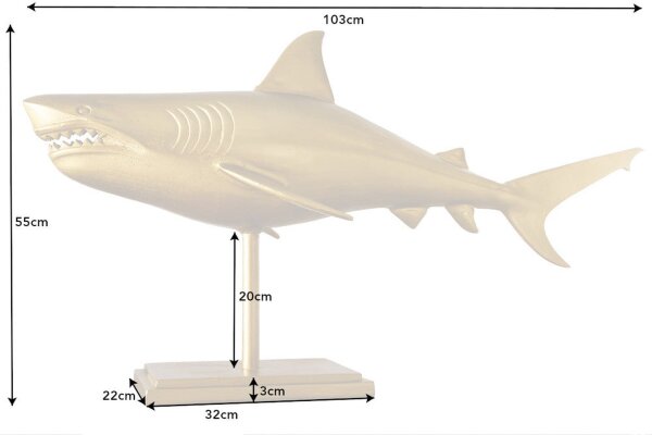 Dekostatue Metall Hai Fisch in Gold 103 cm lang Handarbeit