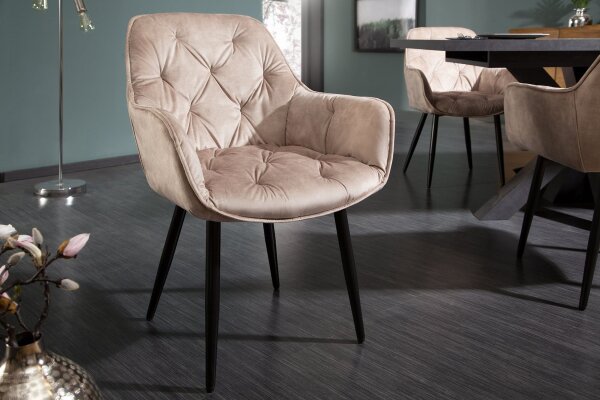 Armlehnstuhl Chesterfield Samt Metall in Beige Schwarz