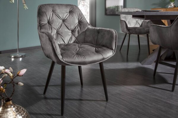 Esszimmerstuhl Samt Metall in Grün-Grau Schwarz Chesterfield