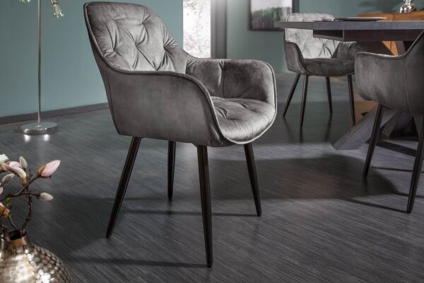Esszimmerstuhl Samt Metall in Grün-Grau Schwarz Chesterfield
