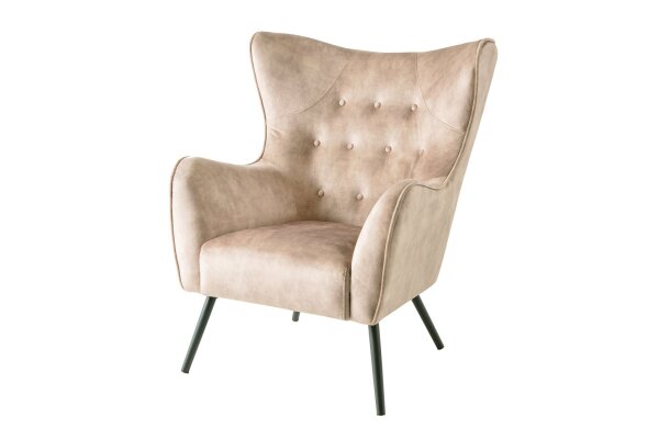 Ohrensessel Samt Beige Creme mit Armlehne Chesterfield