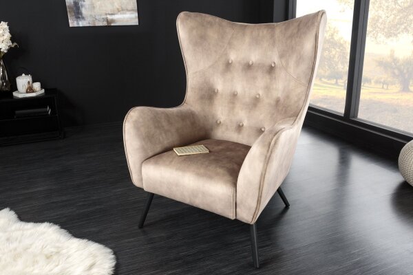 Ohrensessel Samt Beige Creme mit Armlehne Chesterfield