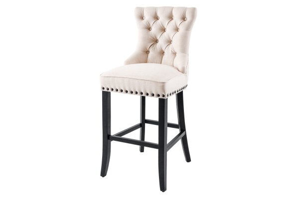 Barhocker mit Lehne in Beige Schwarz Chesterfield Stoff Holz