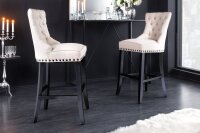 Barhocker mit Lehne in Beige Schwarz Chesterfield Stoff Holz
