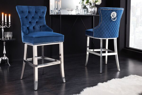 Barhocker Samt Edelstahl in Blau Silber Chesterfield