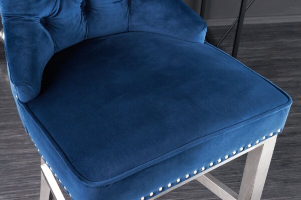 Barhocker Samt Edelstahl in Blau Silber Chesterfield