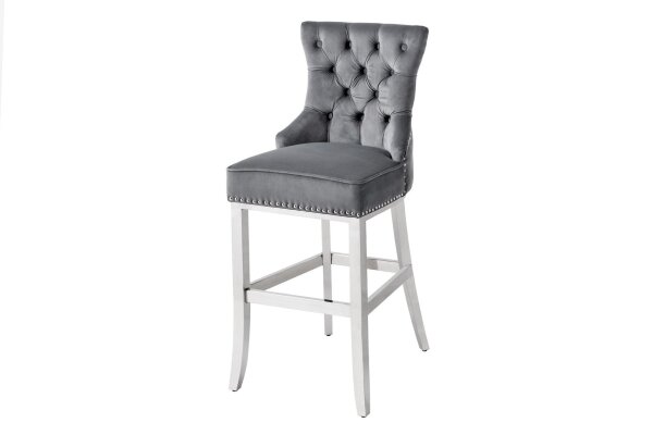 Barstuhl mit Lehne Samt Edelstahl in Grau Silber Chesterfield