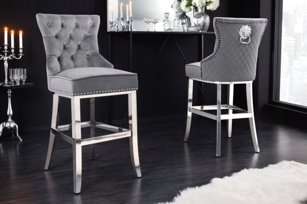 Barstuhl mit Lehne Samt Edelstahl in Grau Silber Chesterfield