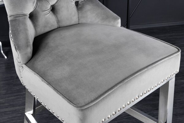 Barstuhl mit Lehne Samt Edelstahl in Grau Silber Chesterfield