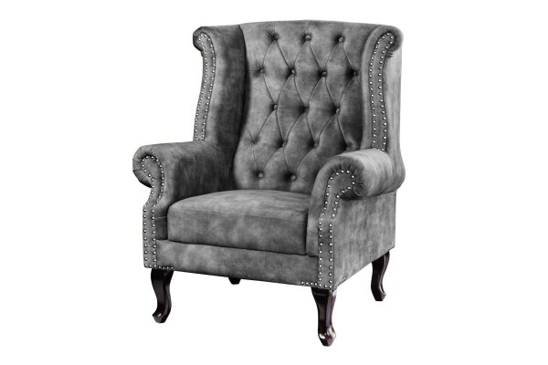 Ohrensessel Samt Holz in Grau Braun B: 85 cm Chesterfield