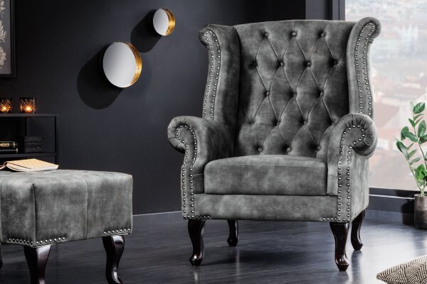 Ohrensessel Samt Holz in Grau Braun B: 85 cm Chesterfield