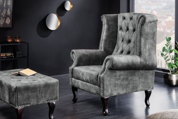 Ohrensessel Samt Holz in Grau Braun B: 85 cm Chesterfield