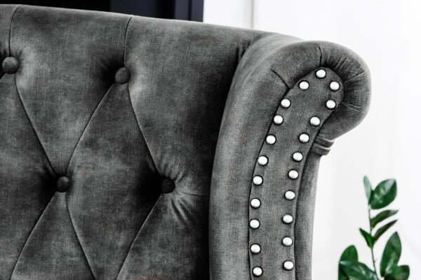 Ohrensessel Samt Holz in Grau Braun B: 85 cm Chesterfield