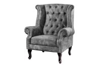 Ohrensessel Samt Holz in Grau Braun B: 85 cm Chesterfield
