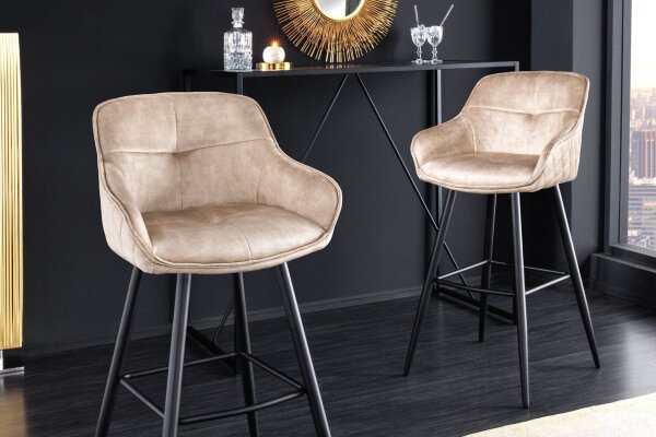 Barhocker Samt Metall in Creme Beige Schwarz mit Lehne