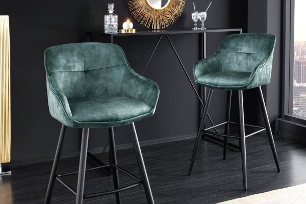Barhocker mit Lehne Retro in Petrol Schwarz aus Samt Metall