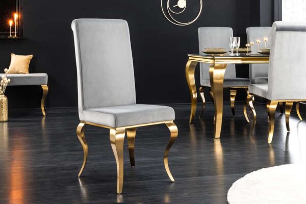 Esszimmerstuhl Samt Edelstahl Barock Design in Grau Gold