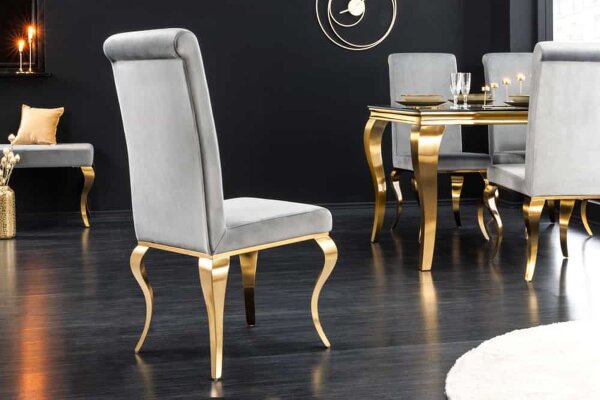 Esszimmerstuhl Samt Edelstahl Barock Design in Grau Gold