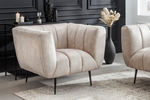Samtsessel Beige Creme 105 cm breit Ziernähte Retro