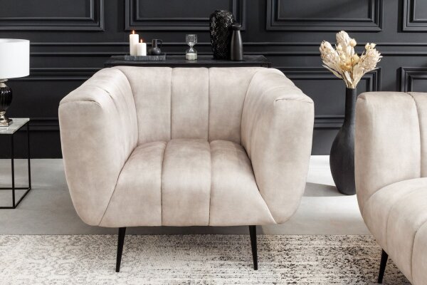 Samtsessel Beige Creme 105 cm breit Ziernähte Retro