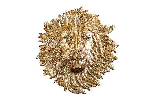 Wanddeko Löwenkopf H: 34 cm Handarbeit in Gold Metall