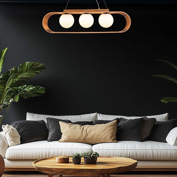 Hängeleuchte Modern B: 85 cm Furnier aus Teak Holz Glas 3x E27
