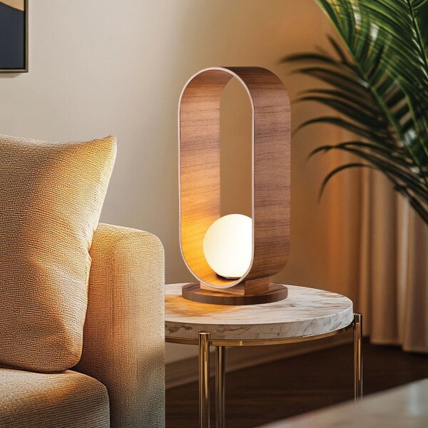 Tischlampe Holz Furnier aus Teak Glas 54 cm hoch E27 Modern