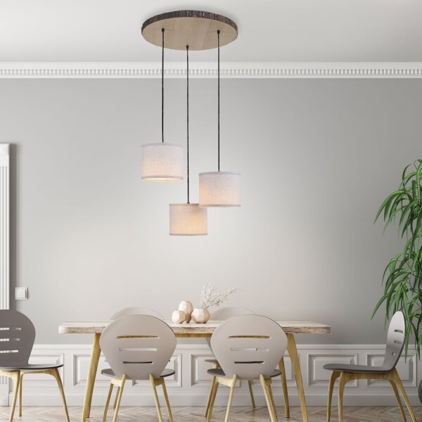 Hängelampe 3-flammig Holz Stoff B:52 cm E27 blendarm