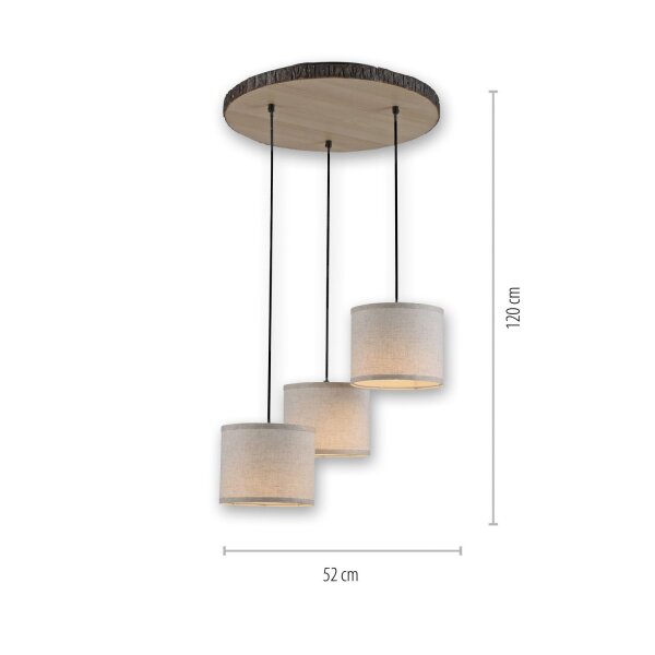 Hängelampe 3-flammig Holz Stoff B:52 cm E27 blendarm