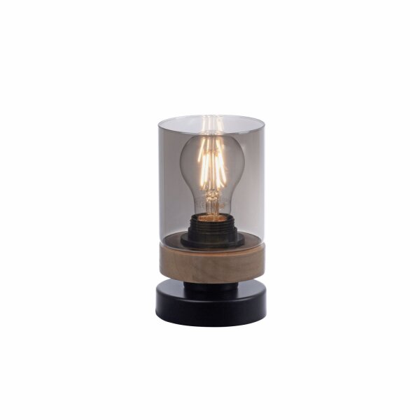 Blendarme Tischleuchte Rauchglas Holz E27 H:18 cm klein