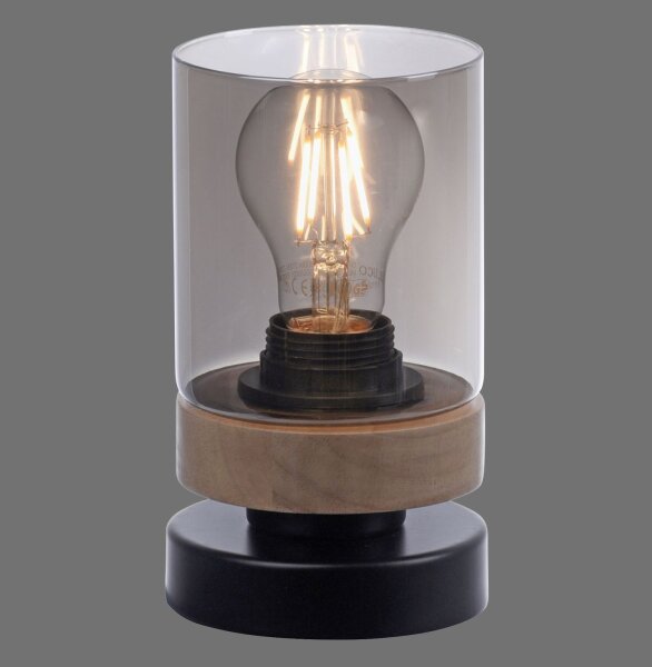 Blendarme Tischleuchte Rauchglas Holz E27 H:18 cm klein