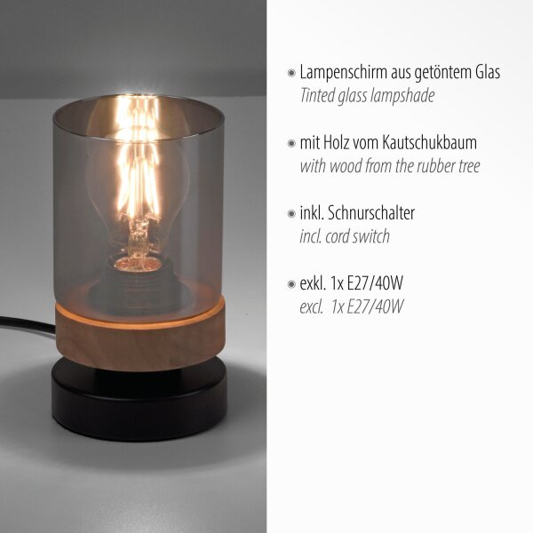 Blendarme Tischleuchte Rauchglas Holz E27 H:18 cm klein