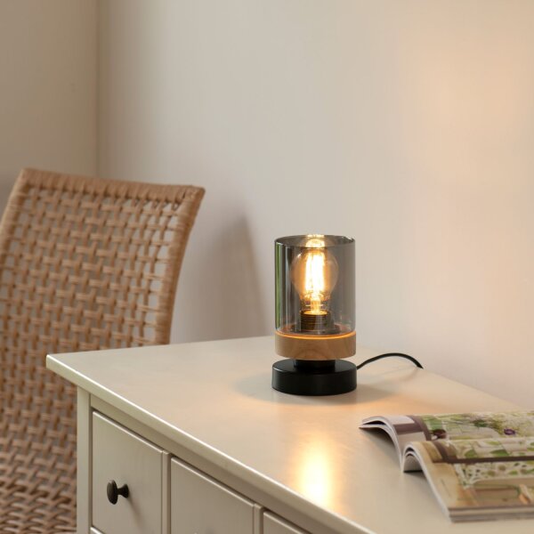 Blendarme Tischleuchte Rauchglas Holz E27 H:18 cm klein