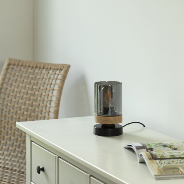 Blendarme Tischleuchte Rauchglas Holz E27 H:18 cm klein