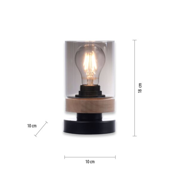 Blendarme Tischleuchte Rauchglas Holz E27 H:18 cm klein