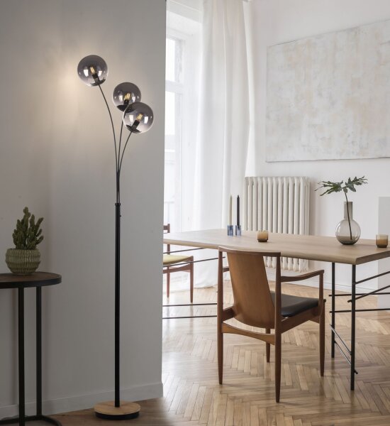 Stylische Stehlampe Rauchglas Holz E14 185 cm 3-flammig