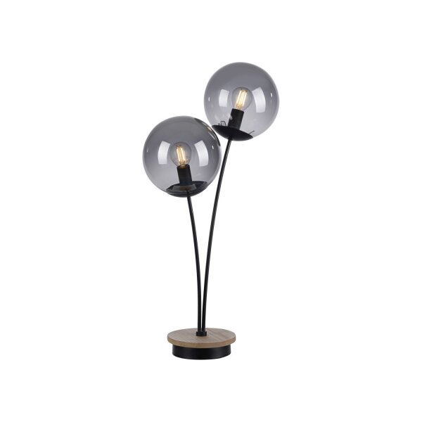 Stylische Tischlampe Rauchglas Holz E14 60 cm 2-flammig