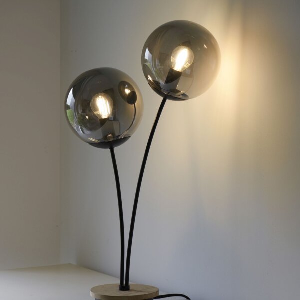 Stylische Tischlampe Rauchglas Holz E14 60 cm 2-flammig