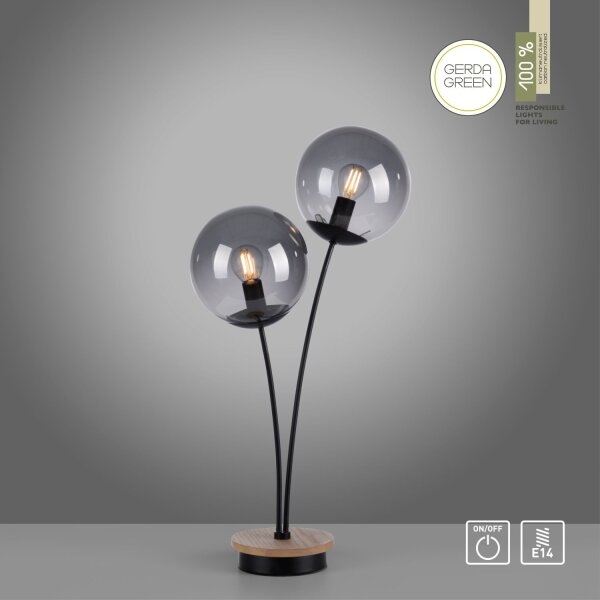 Stylische Tischlampe Rauchglas Holz E14 60 cm 2-flammig