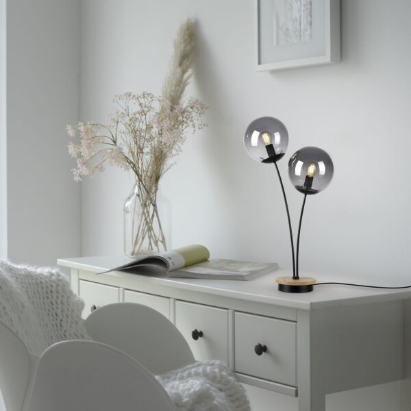 Stylische Tischlampe Rauchglas Holz E14 60 cm 2-flammig