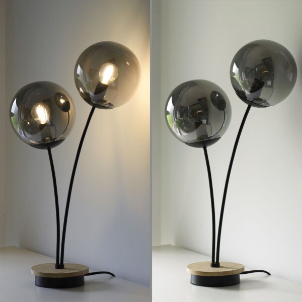 Stylische Tischlampe Rauchglas Holz E14 60 cm 2-flammig