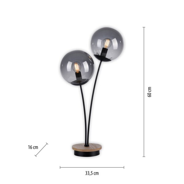 Stylische Tischlampe Rauchglas Holz E14 60 cm 2-flammig