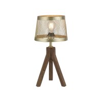 Tripod Tischlampe Holz Metall in Messing matt E27 44 cm