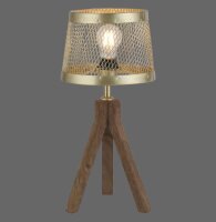 Tripod Tischlampe Holz Metall in Messing matt E27 44 cm