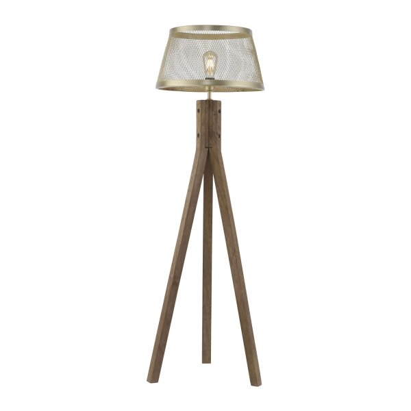 Tripod Stehlampe Holz Metall in Messing matt E27 145 cm
