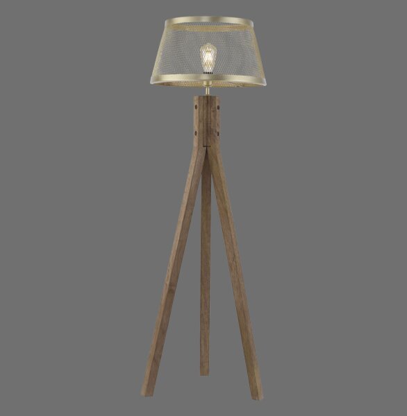 Tripod Stehlampe Holz Metall in Messing matt E27 145 cm