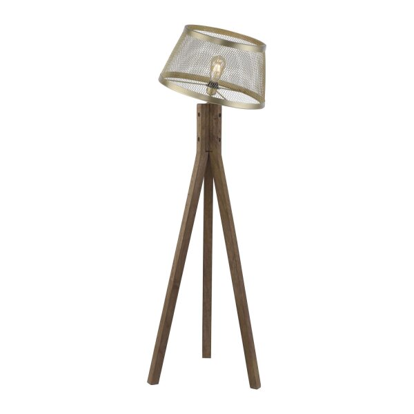 Tripod Stehlampe Holz Metall in Messing matt E27 145 cm