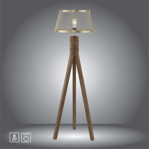 Tripod Stehlampe Holz Metall in Messing matt E27 145 cm