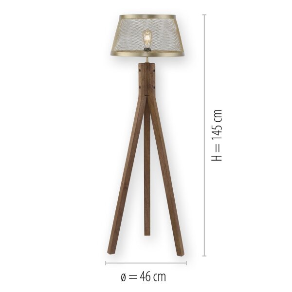 Tripod Stehlampe Holz Metall in Messing matt E27 145 cm