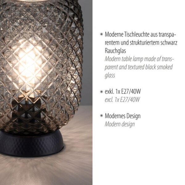 Tischlampe Rauchgrau Schwarz Glas Metall 22,5 cm E27